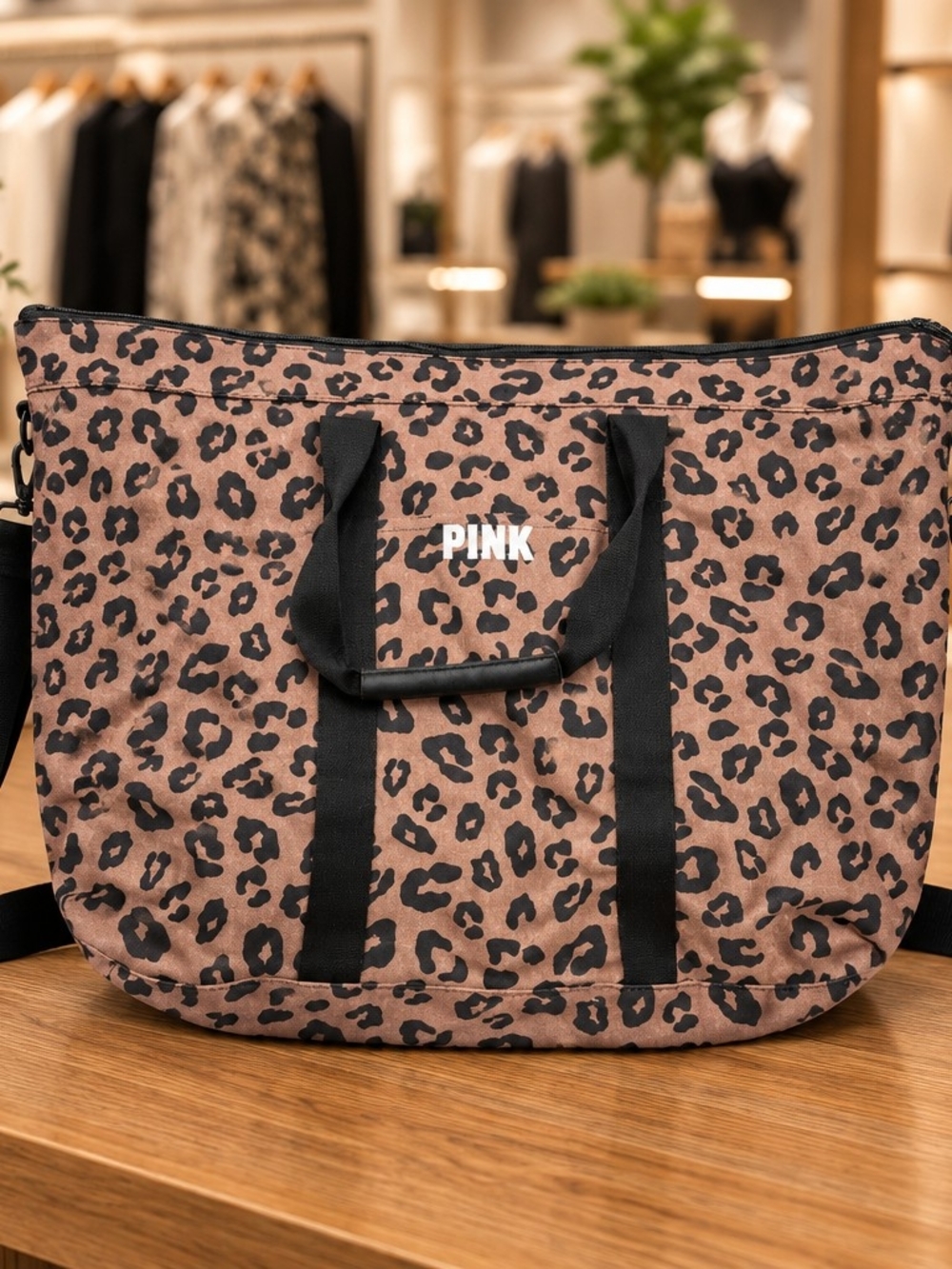 Victoria's Secret PINK Brown Black Leopard Print Zip Travel Tote Canvas Bag